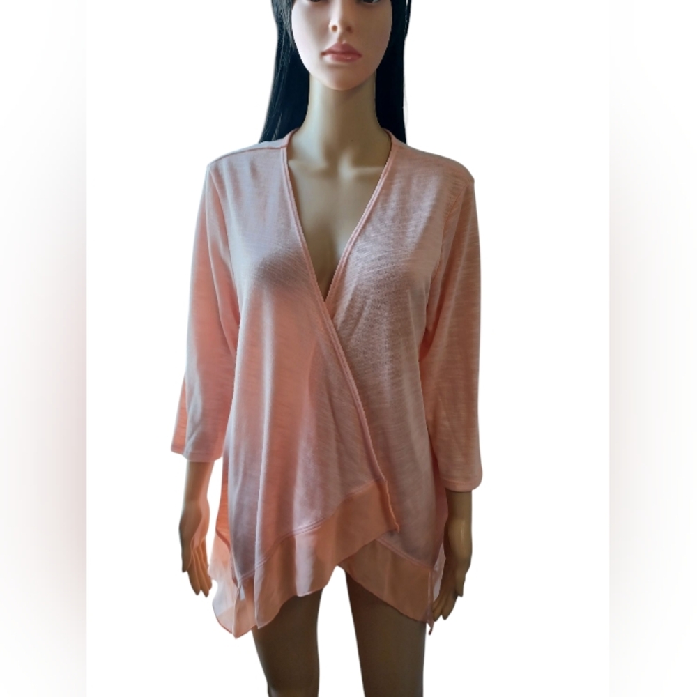 Studio Works Peach Orange Cardigan With Sheer Trim